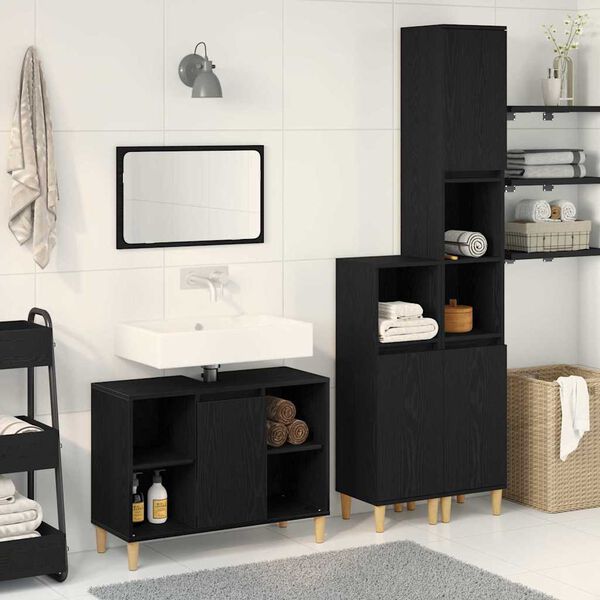 vidaXL Juego de muebles de ba&ntilde;o 3 pcs Negro Madera de ingenier&iacute;a