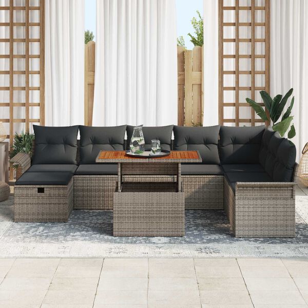 vidaXL Conjunto de sof&aacute;s de jard&iacute;n 9 pcs Gris rat&aacute;n sint&eacute;tico