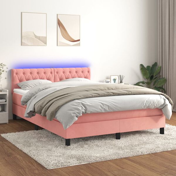 vidaXL Cama box spring colch&oacute;n y LED terciopelo rosa 140x200 cm