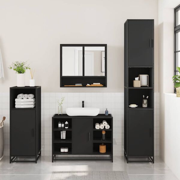 vidaXL Juego de muebles de ba&ntilde;o 3 pzas madera contrachapada negro