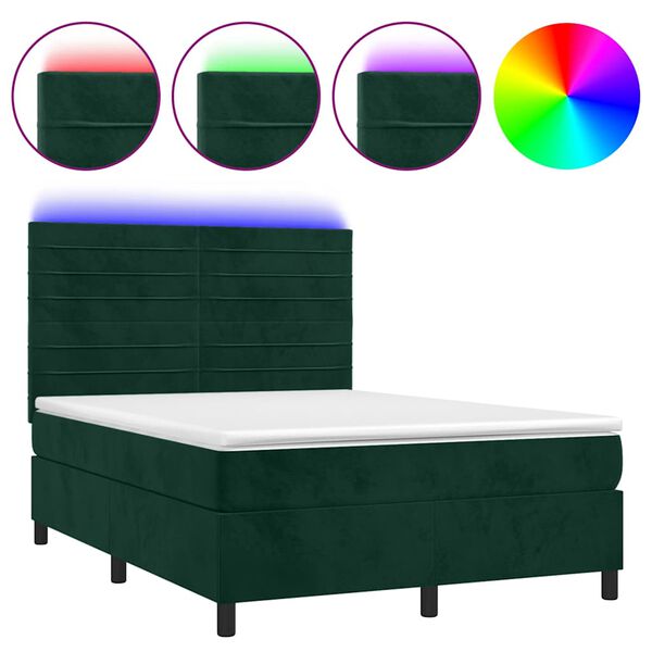 vidaXL Cama box spring colch&oacute;n y LED terciopelo verde oscuro 140x200cm
