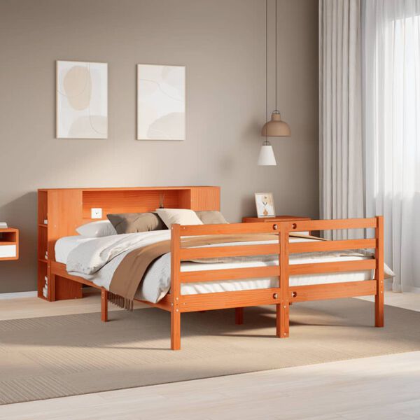 vidaXL Cama con estantería sin colchón madera maciza marrón 135x190cm