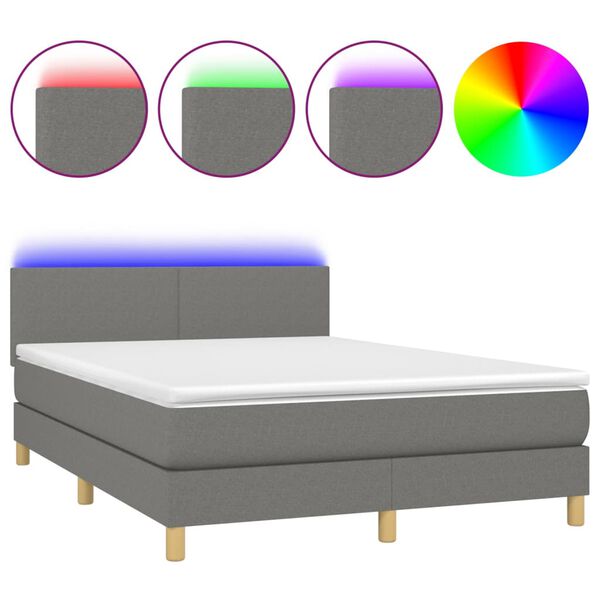 vidaXL Cama box spring con colch&oacute;n y LED tela gris oscuro 140x190 cm