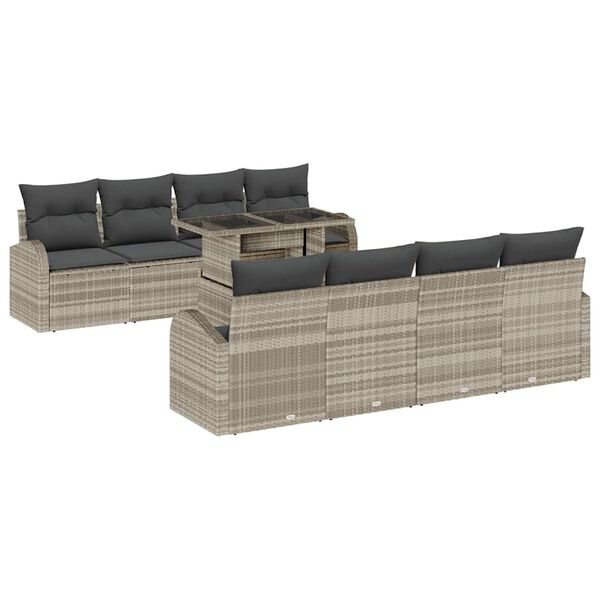 vidaXL Conjunto de sof&aacute; de jard&iacute;n 9 pcs Gris Claro Rattan de Poli&eacute;ster