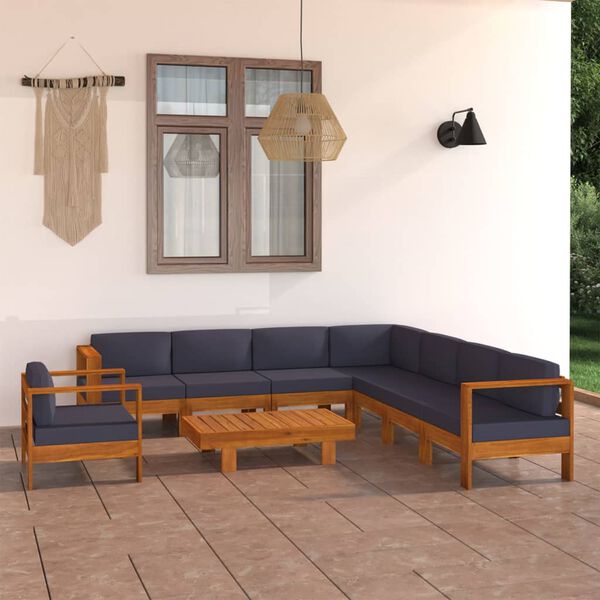 vidaXL Muebles de jardín 9 pzas con cojines gris oscuro madera acacia