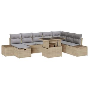 vidaXL Conjunto de sof&aacute; de jard&iacute;n 9 pcs Beige rat&aacute;n sint&eacute;tico