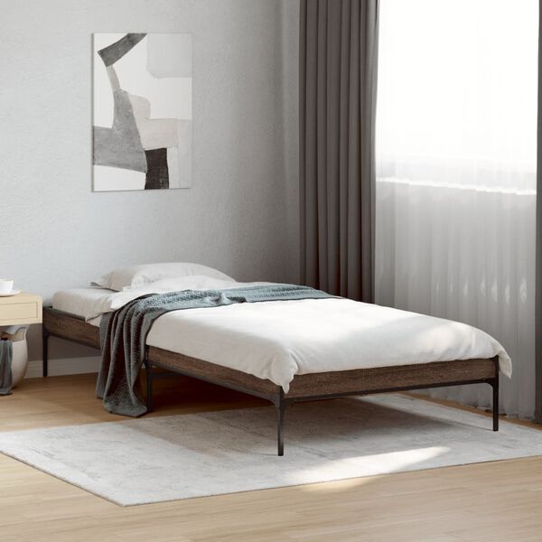 vidaXL Estructura cama madera ingenier&iacute;a metal roble marr&oacute;n 90x200 cm