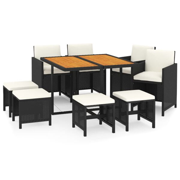 vidaXL Set de comedor de jard&iacute;n 9 pzas y cojines rat&aacute;n sint&eacute;tico negro