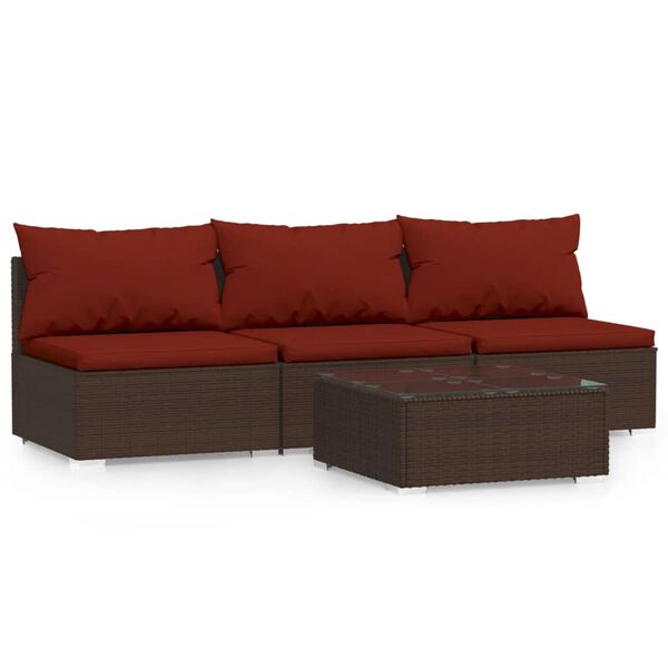 vidaXL Set muebles de jard&iacute;n 4 piezas y cojines rat&aacute;n sint&eacute;tico marr&oacute;n