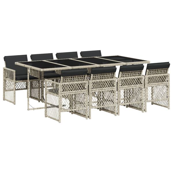 vidaXL Set comedor de jard&iacute;n 9 pzas cojines rat&aacute;n sint&eacute;tico gris claro