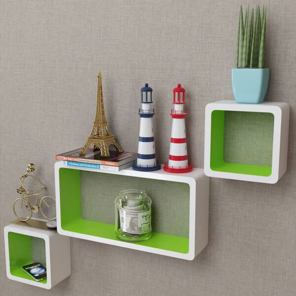 vidaXL Estantes flotantes pared 3 pzas libros/DVD MDF blanco verde