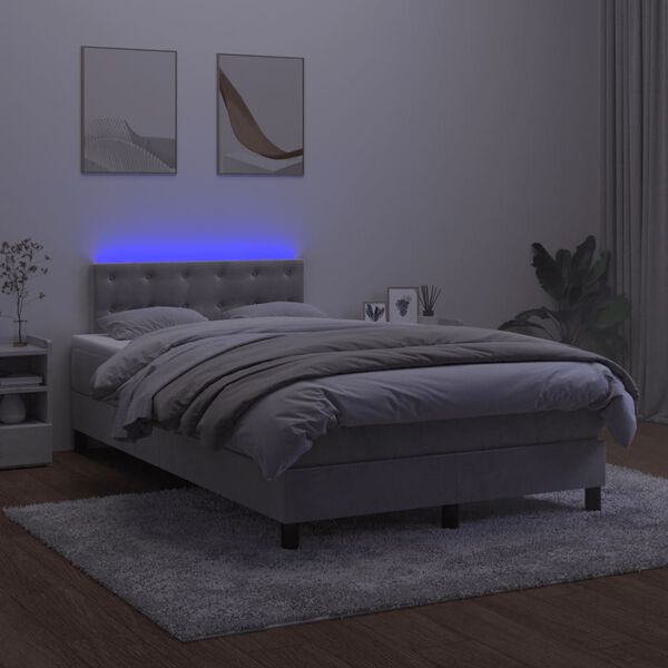 vidaXL Cama box spring colch&oacute;n y LED terciopelo gris claro 120x200 cm