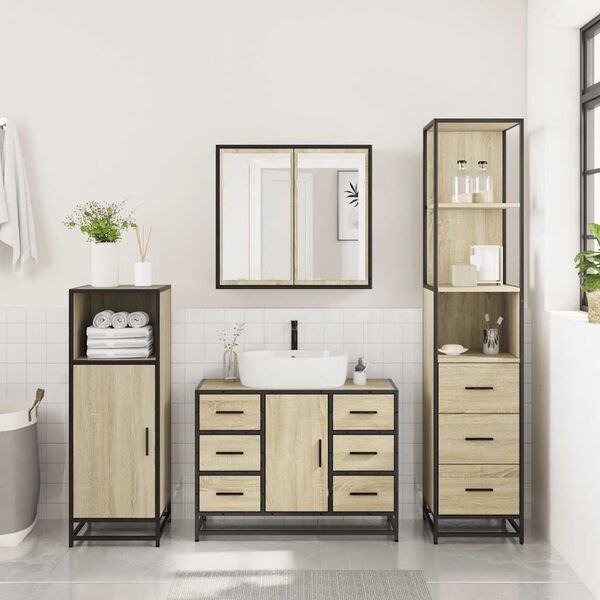 vidaXL Set de muebles de ba&ntilde;o 3 pzas madera contrachapada roble Sonoma