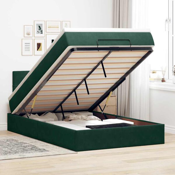 vidaXL Cama otomana con colch&oacute;n&LED terciopelo verde oscuro 120x190cm