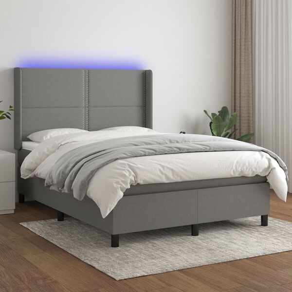 vidaXL Cama box spring colch&oacute;n y luces LED tela gris oscuro 140x190 cm