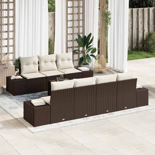 vidaXL Conjunto de sof&aacute; de jard&iacute;n 8 pcs Marr&oacute;n y crema rat&aacute;n sint&eacute;tico