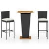 vidaXL Set de muebles de bar jard&iacute;n 3 piezas y cojines rat&aacute;n PE negro
