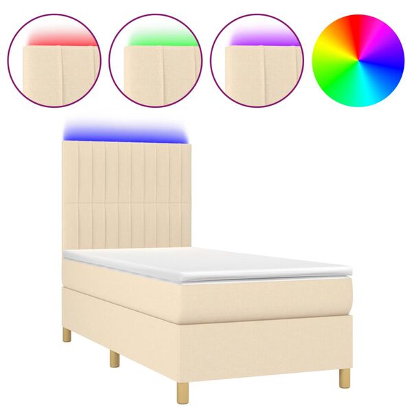 vidaXL Cama box spring colchón y luces LED tela color crema 90x190 cm