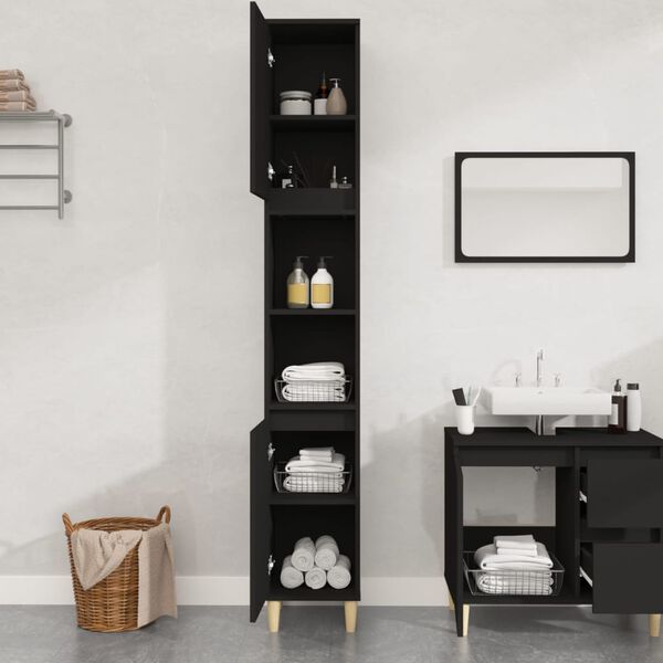 vidaXL Armario de ba&ntilde;o madera contrachapada negro 30x30x190 cm