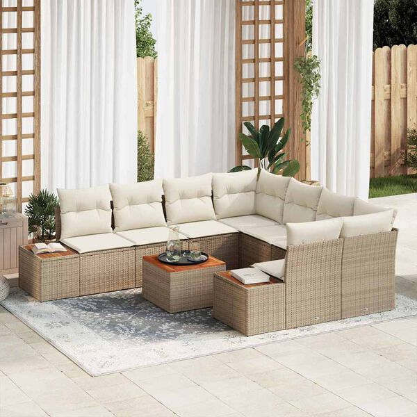 vidaXL Conjunto de sof&aacute; de jard&iacute;n con coj&iacute;n 9 pcs Beige Polirat&aacute;n