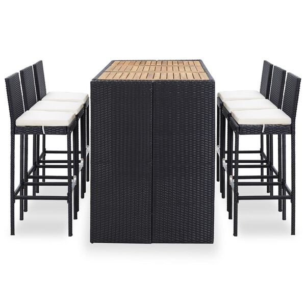 vidaXL Set muebles bar jardín y cojines 7 pzas ratán sintético negro