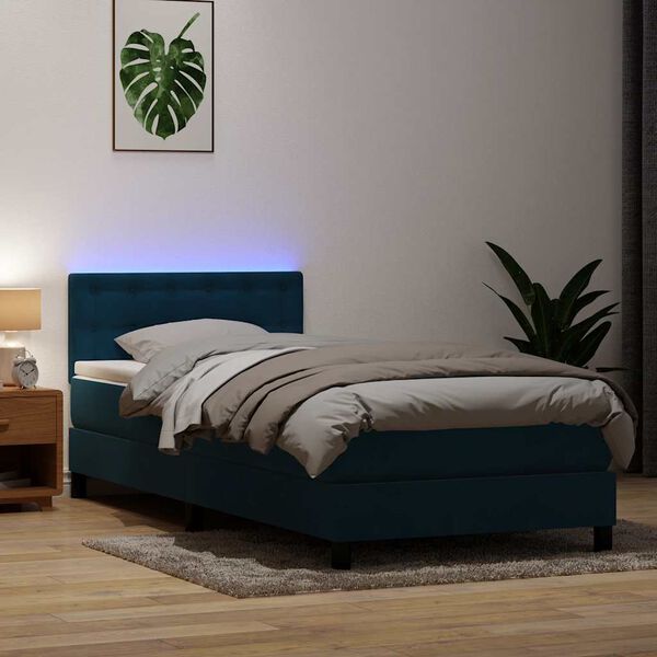 vidaXL Cama box spring con colch&oacute;n y LED terciopelo azul oscuro 80x220 cm