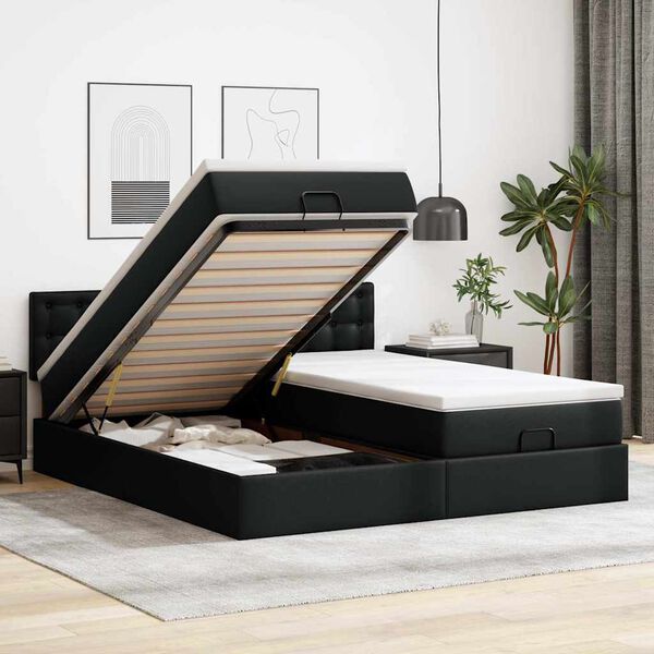vidaXL Estructura de cama otomana con colchones cuero sint&eacute;tico negro