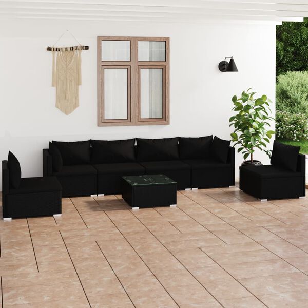 vidaXL Set de muebles de jard&iacute;n 7 pzas y cojines rat&aacute;n sint&eacute;tico negro