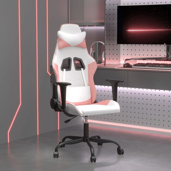 vidaXL Silla gaming cuero sintético blanco y rosa