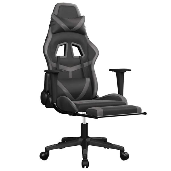 vidaXL Silla gaming de masaje y reposapiés cuero sintético negro gris