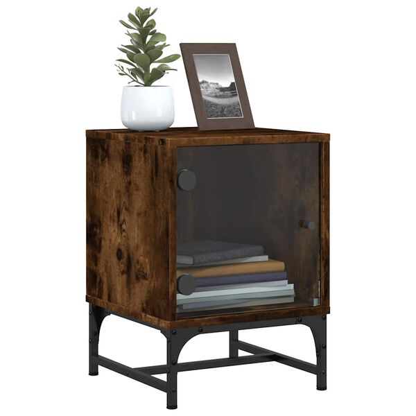 vidaXL Mesita de noche con puerta de vidrio roble ahumado 35x37x50 cm