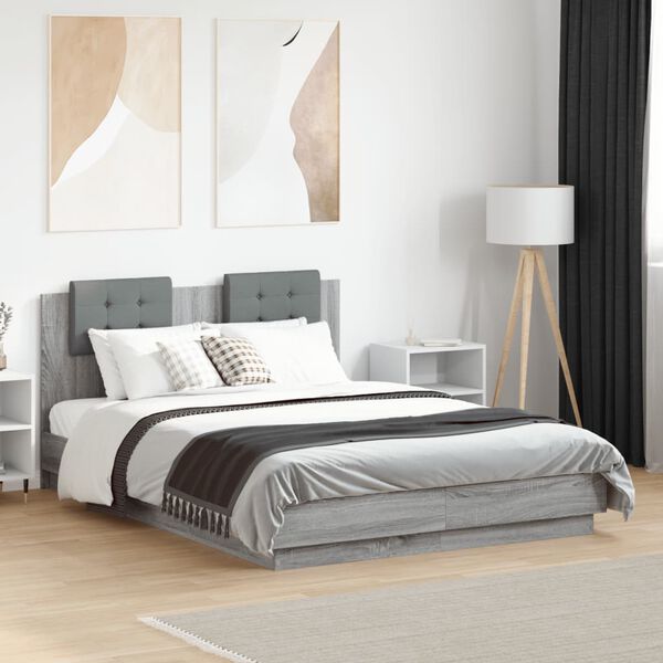 vidaXL Cama con cabecero madera de ingenier&iacute;a gris Sonoma 135x190 cm