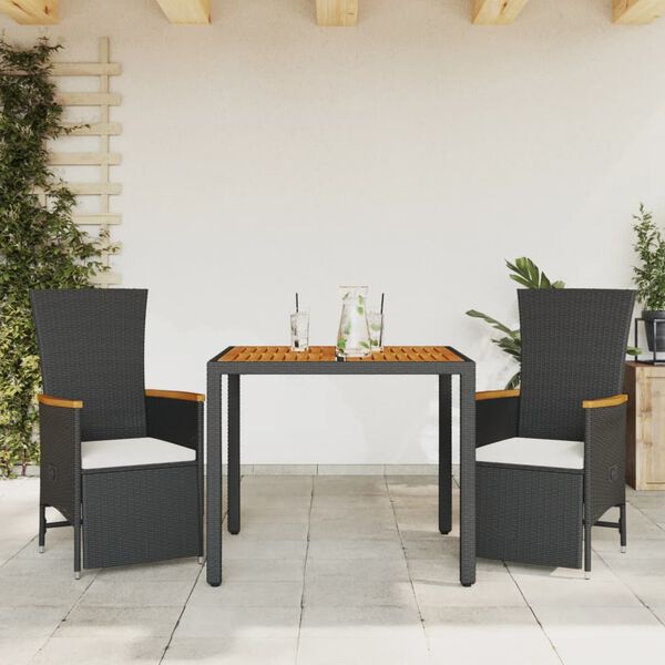 vidaXL Set comedor de jard&iacute;n 3 pzas con cojines rat&aacute;n sint&eacute;tico negro
