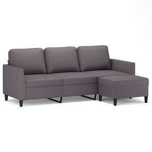 vidaXL Sof&aacute; de 3 plazas con taburete cuero sint&eacute;tico gris 180 cm