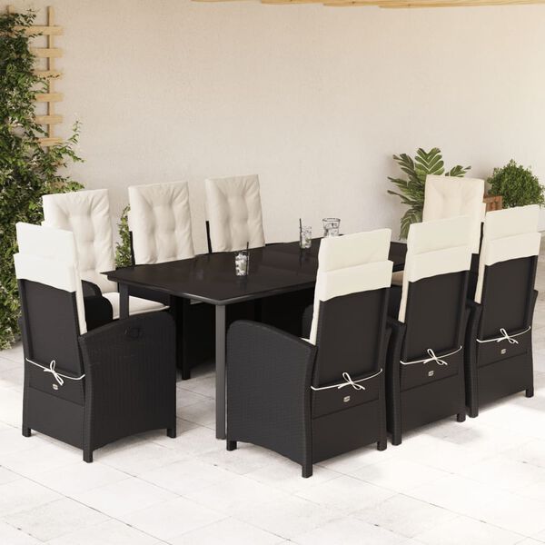 vidaXL Set de comedor de jard&iacute;n 9 pzas y cojines rat&aacute;n sint&eacute;tico negro