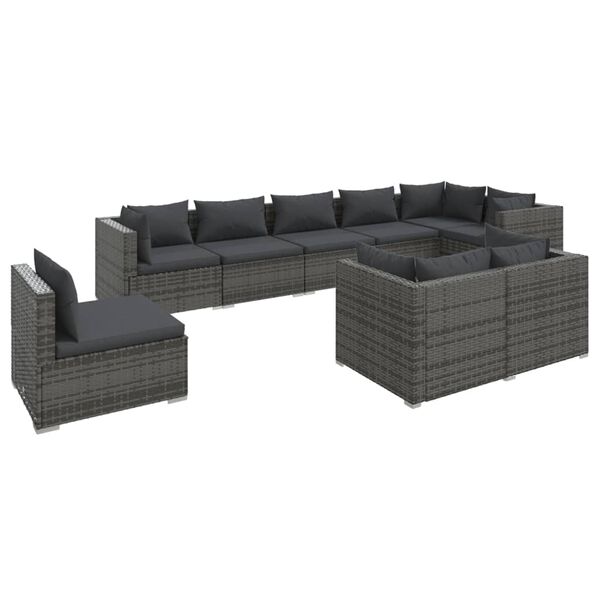 vidaXL Set de muebles de jard&iacute;n 9 pzas y cojines rat&aacute;n sint&eacute;tico gris
