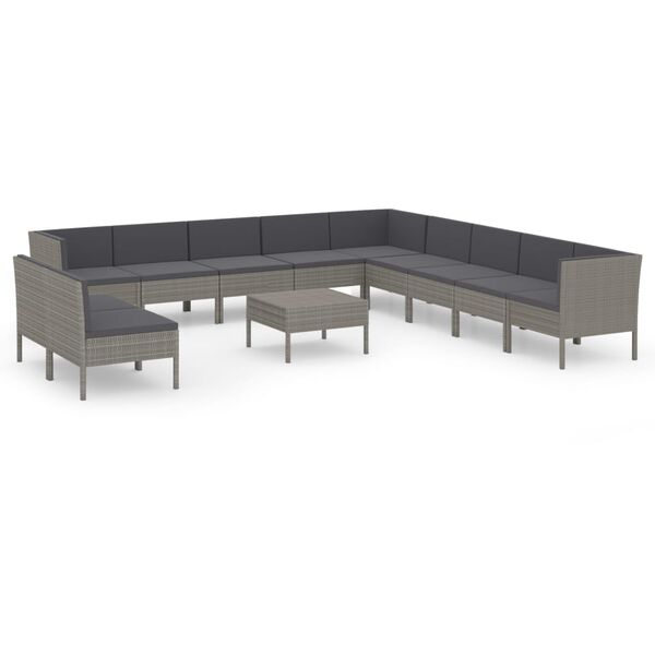 vidaXL Set de muebles de jard&iacute;n 12 pzas y cojines rat&aacute;n sint&eacute;tico gris