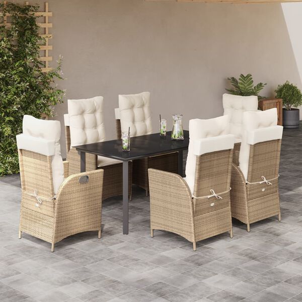 vidaXL Set comedor de jard&iacute;n 7 pzas con cojines rat&aacute;n sint&eacute;tico beige