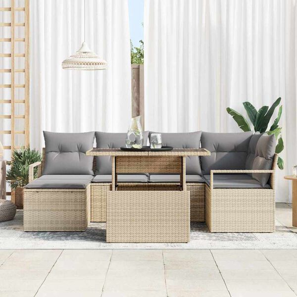 vidaXL Conjunto de sof&aacute; de jard&iacute;n 7 pcs Beige Polirat&aacute;n