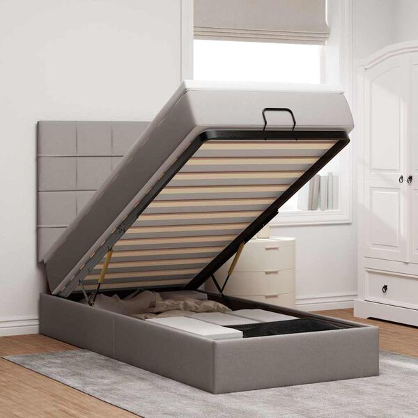 vidaXL Cama otomana con colch&oacute;n y luces LED tela gris taup&eacute; 90x200 cm