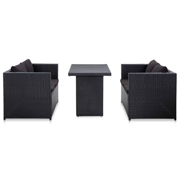 vidaXL Set de muebles de jard&iacute;n 3 pzas y cojines rat&aacute;n sint&eacute;tico negro