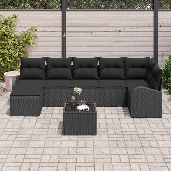 vidaXL Conjunto de sof&aacute; de jard&iacute;n con coj&iacute;n 8 pcs Negro Polirat&aacute;n