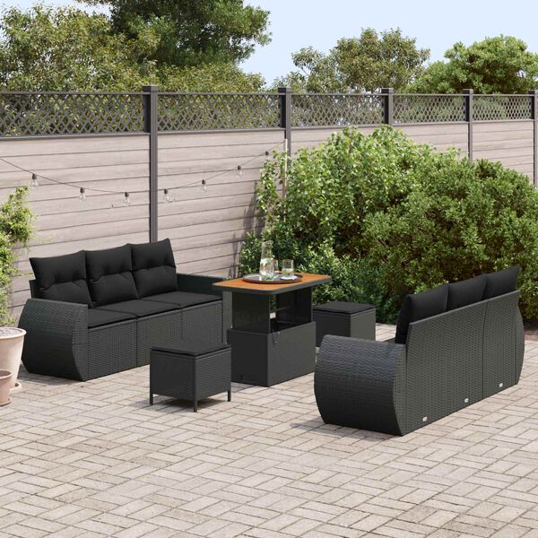 vidaXL Conjunto de sof&aacute; de jard&iacute;n 9 pcs Negro rat&aacute;n sint&eacute;tico