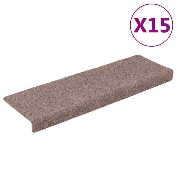 vidaXL Felpudos autoadhesivos para escaleras, 15 unidades, 65 x 21 x 4 cm, borde rectangular marr&oacute;n claro