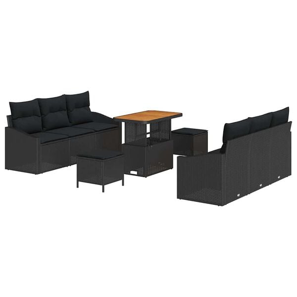 vidaXL Conjunto de sof&aacute; de jard&iacute;n con coj&iacute;n con almohada 9 pcs Negro