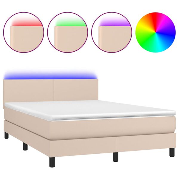 vidaXL Cama box spring colch&oacute;n LED cuero sint&eacute;tico capuchino 140x190cm