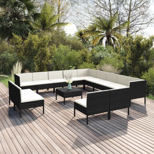 vidaXL Set de muebles de jard&iacute;n 14 pzas cojines rat&aacute;n sint&eacute;tico negro