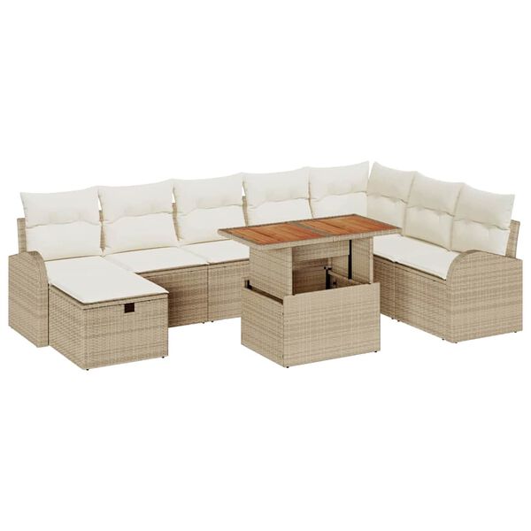 vidaXL Conjunto de sof&aacute;s de jard&iacute;n 9 pcs Beige rat&aacute;n sint&eacute;tico