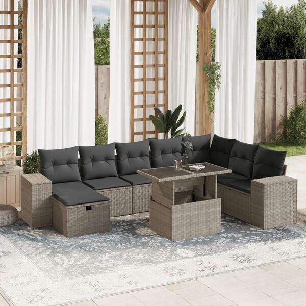 vidaXL Set muebles jard&iacute;n 9 pzas y cojines rat&aacute;n sint&eacute;tico gris claro