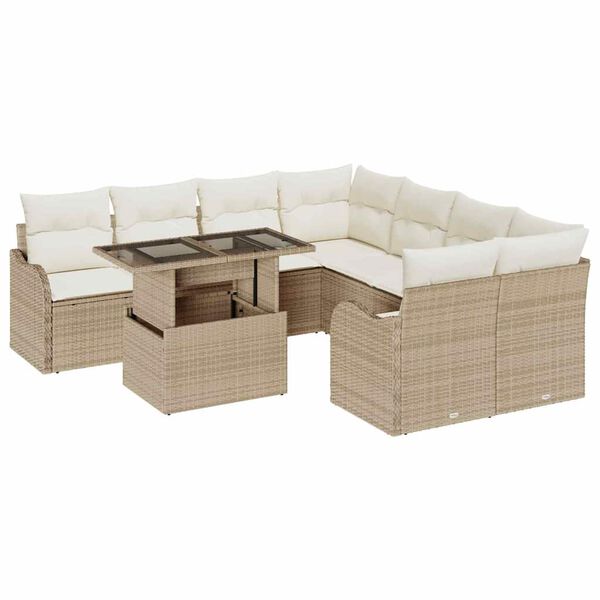 vidaXL Conjunto de sof&aacute;s de jard&iacute;n Manual 9 pcs Beige Rat&aacute;n sint&eacute;tico